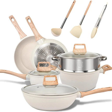 Set di Pentole da Cucina Essenziali, 12 Pezzi, Antiaderenti con Rivestimento in Granito e Compatibilità Universale con Piani Cottura a Gas