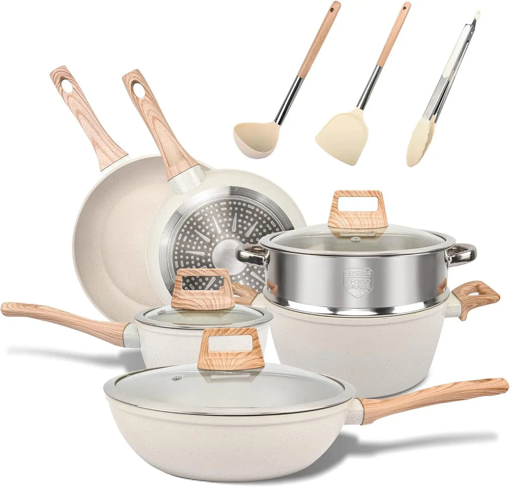 Set di Pentole da Cucina Essenziali, 12 Pezzi, Antiaderenti con Rivestimento in Granito e Compatibilità Universale con Sensori a Gas