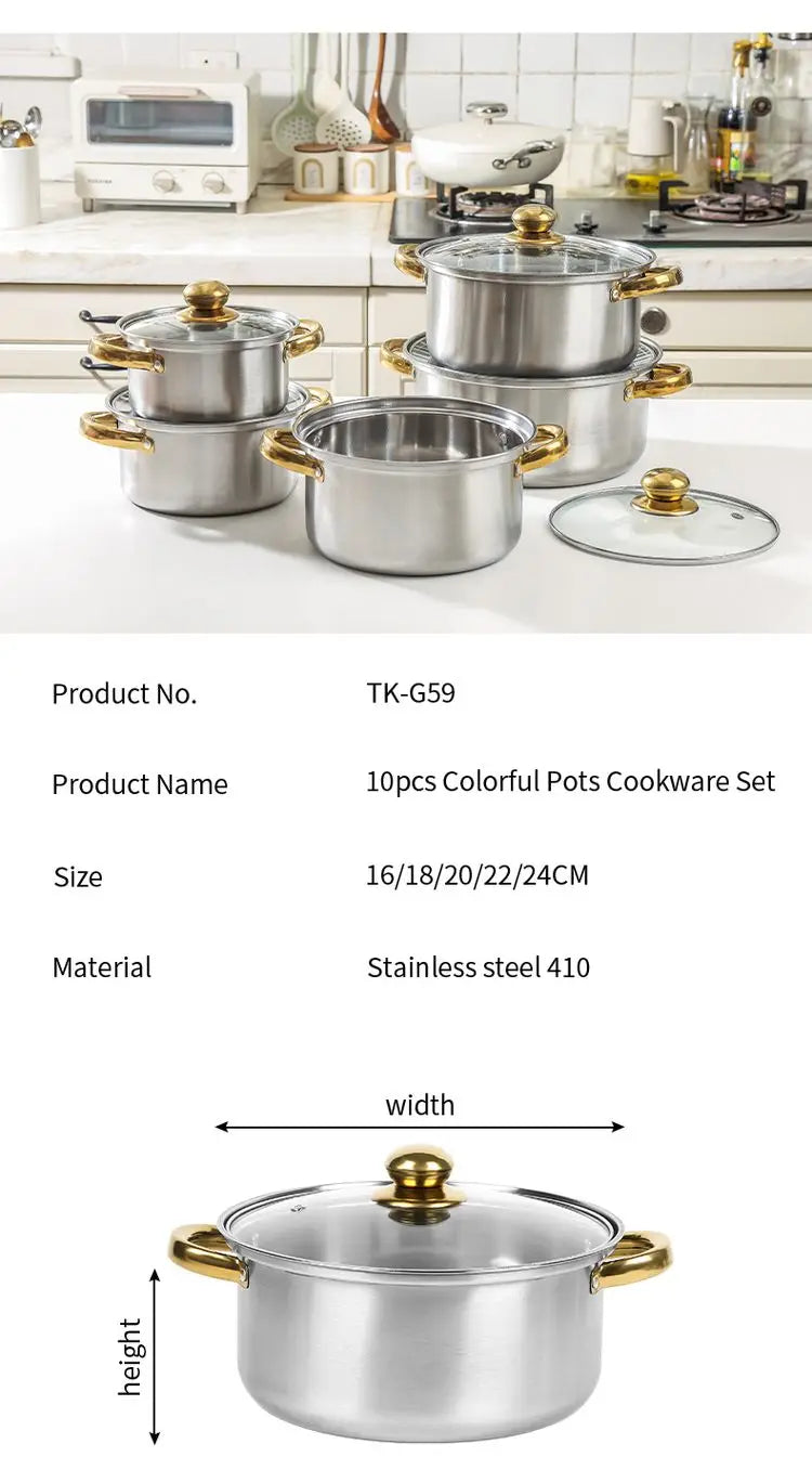 Set di pentole in acciaio inossidabile da 10 pezzi Pentole a induzione Utensili da cucina antiaderenti Pentola per stufato in acciaio inossidabile con coperchio per pentola