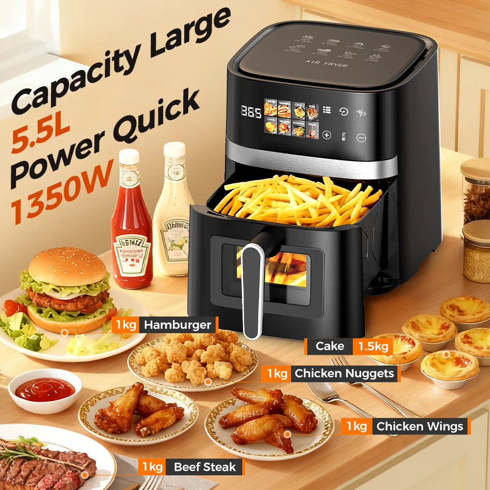 Patbrela Friggitrice ad Aria 5,5L 8-in-1 Forno Elettrico con Schermo LED Digitale e Finestra Visibile, 1350W, Nero