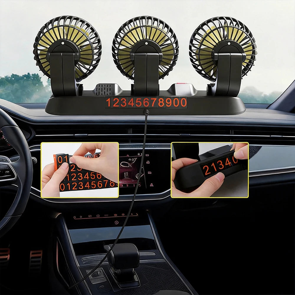 Ventilatore portatile per auto a 3 teste - 2 velocità regolabili, 360° °   Presa Accendisigari Girevole, Potente Flusso d'Aria per Veicoli, Camper e SUV