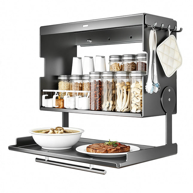 Kitchen Spice Rack, No Drilling, Wall-Mounted Storage Shelf, Under-Cabinet Space-Saving Organizer with Cutting Board Holder