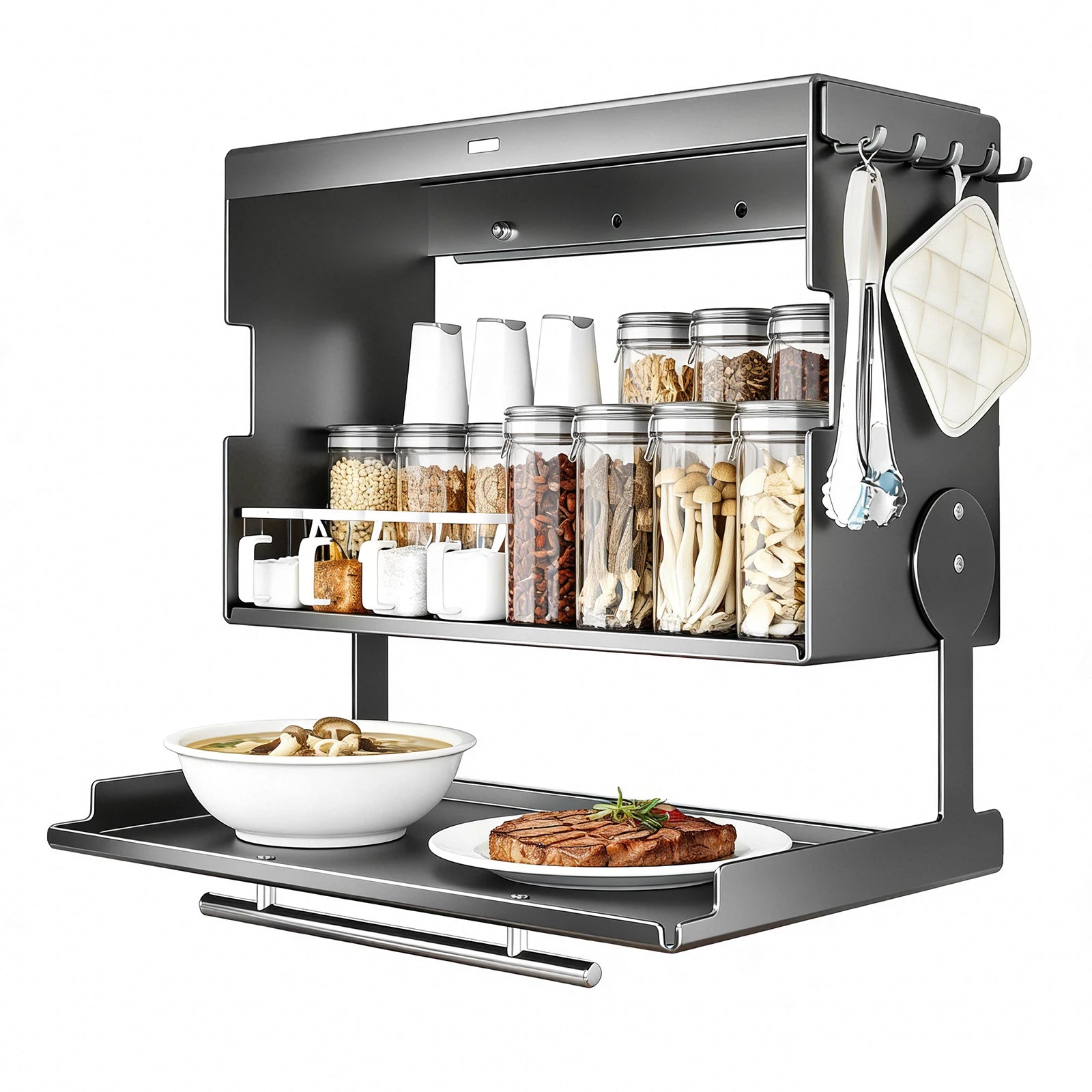 Portaspezie da Cucina Senza Foratura, Mensola Portaoggetti da Parete, Organizzatore Sottopensile Salvaspazio con Porta Tagliere