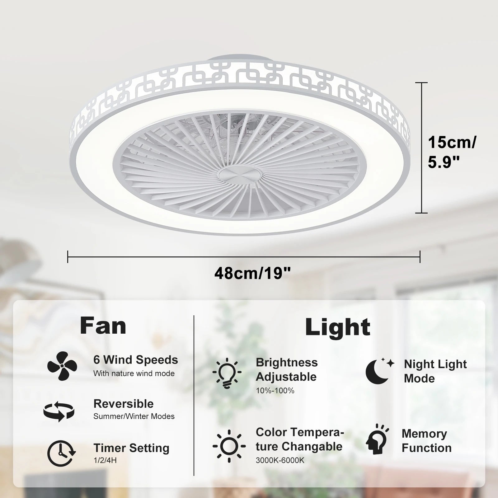 Ventilatore da soffitto con luce LED, telecomando, 6 velocità e luce dimmerabile 3000K-6000K
