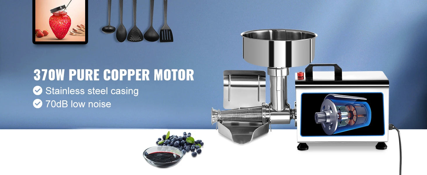 SucceBuy Elektrischer Passierer für Tomaten, 370W, professioneller Tomaten-Entsafter aus Edelstahl, 90-160 kg/h