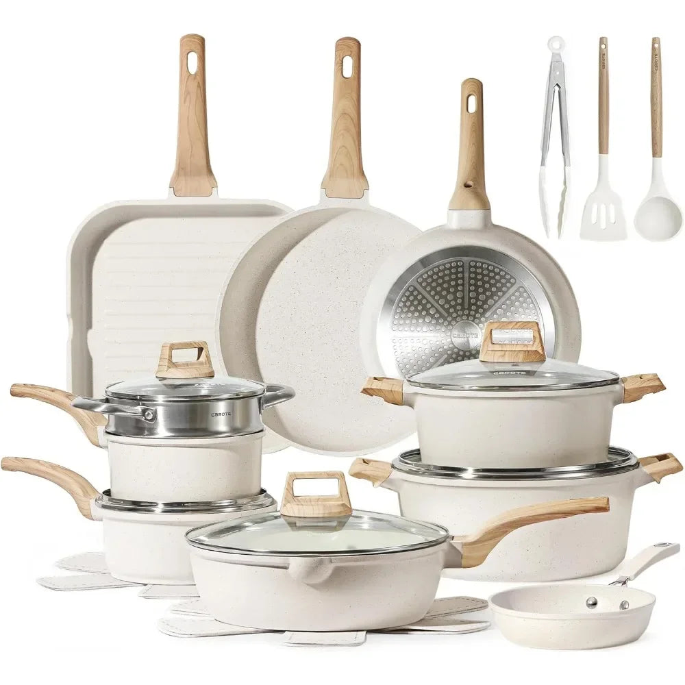 Set di 3-7 pentole e padelle Set di pentole antiaderenti Pentole a induzione in granito bianco Set da cucina antiaderente con padelle e casseruola