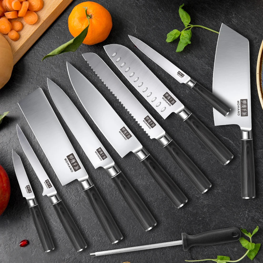 Professionelles 10-teiliges Küchenmesser-Set Chefmesser Tranchiermesser Hochkohlenstoffstahl Superscharfer Holzgriff Geschenkbox