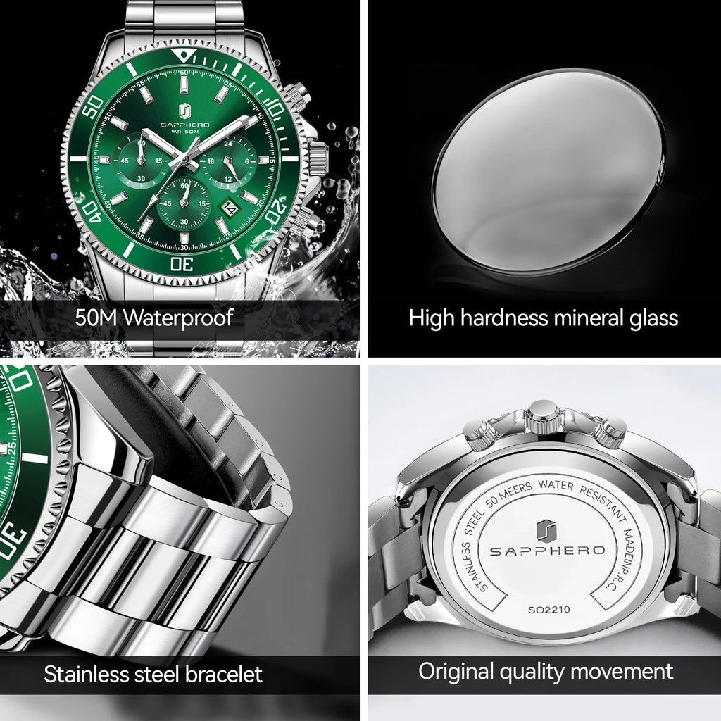 SAPPHERO Orologio Uomo Quarzo Cronografo Sport Acciaio Inossidabile Impermeabile 50M