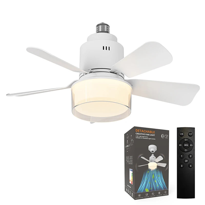 Ventilatore da soffitto E27 con luce, 4 velocita, 3 temperature di colore, telecomando, bianco/legno