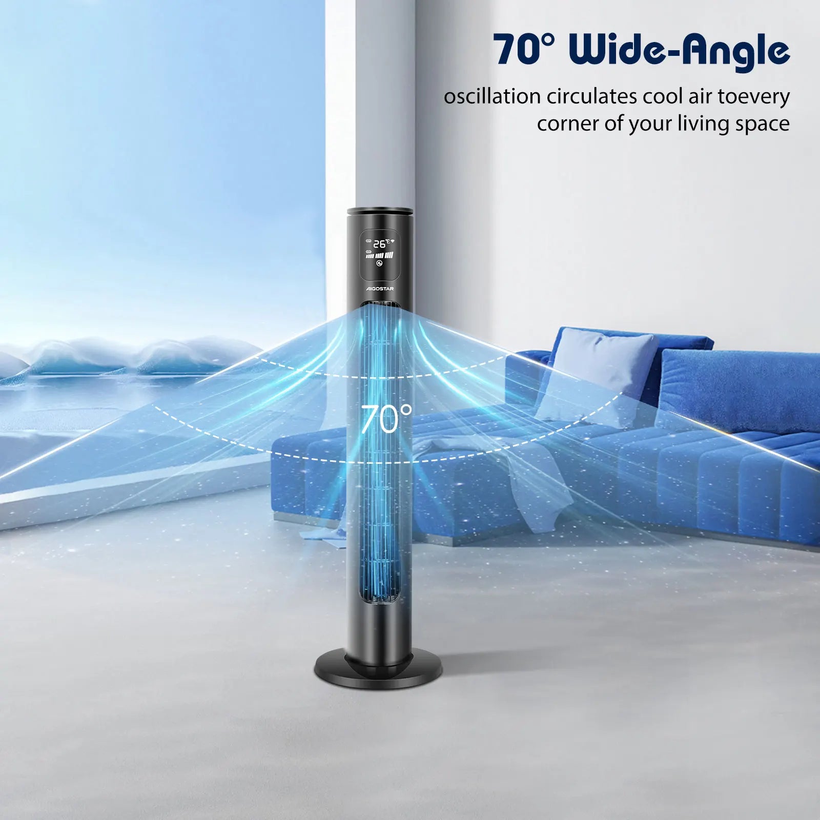Aigostar Ross Smart - Ventilatore a torre Smart WiFi con telecomando, 50W, display LED, oscillazione 70°, 3 velocità 3 modalità, timer 24 ore, controllo APP, adatto per casa e ufficio
