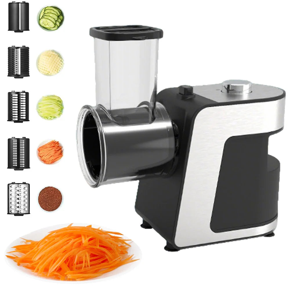Elektrischer 5-in-1 Gemüseschneider, Reibe für Käse, Karotten und Kohl, Küchenmaschine