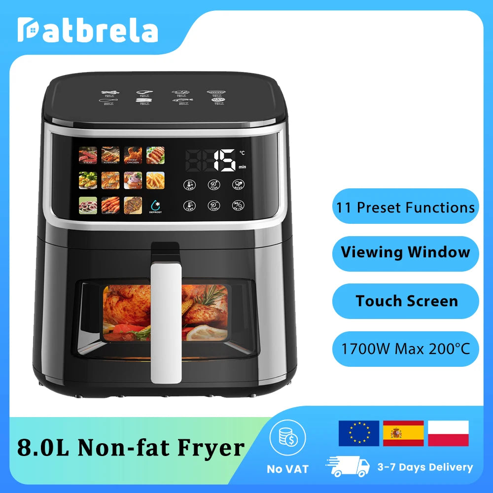 Patbrela Friggitrice ad Aria Senza Olio 8L con Schermo LED, 11 Funzioni, 1700W