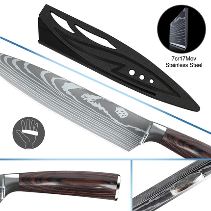 Set di 8 coltelli da cucina, manico in legno rosso con motivo laser, lame in acciaio al carbonio, coltelli da chef multifunzione con borsa in nylon