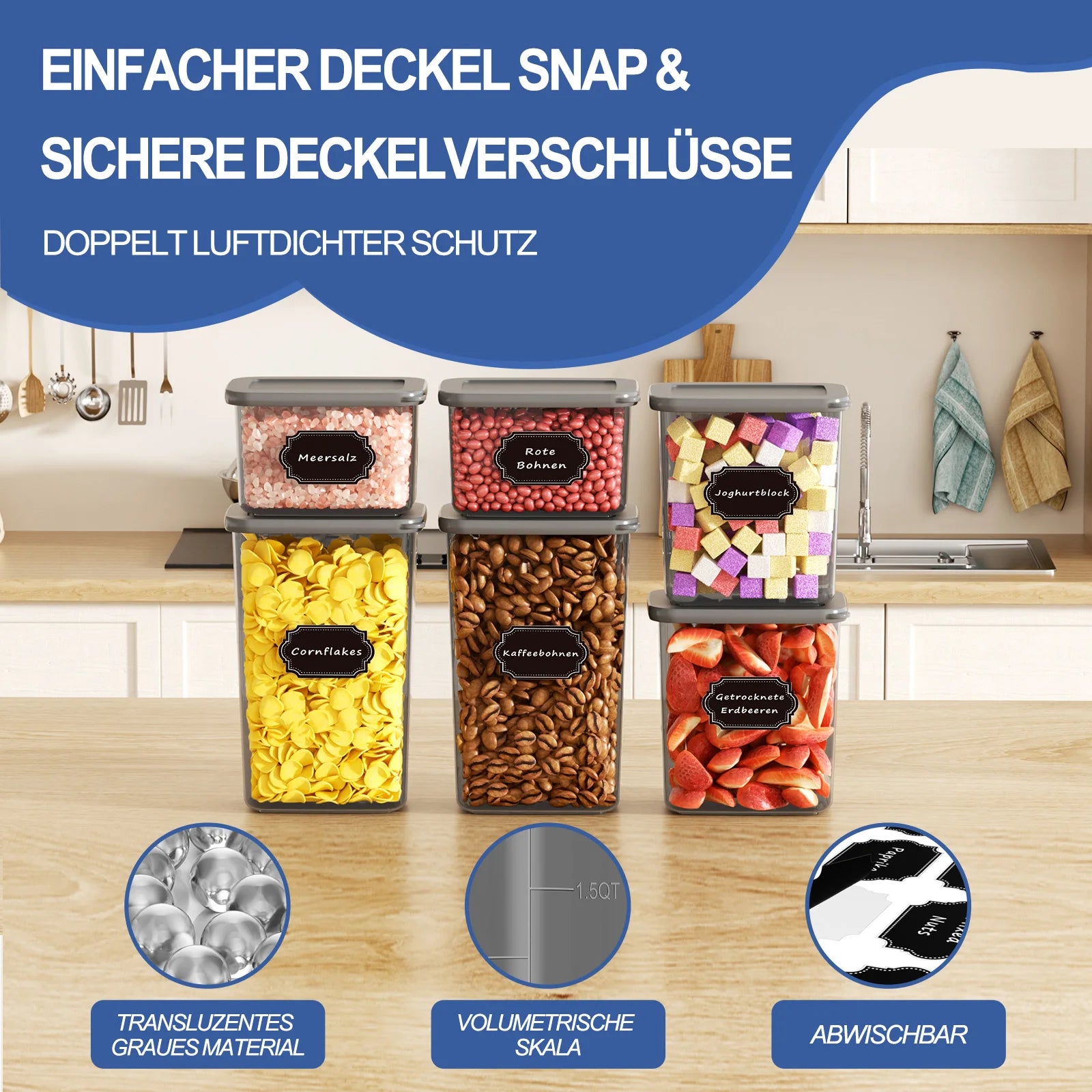 32-teiliges luftdichtes Lebensmittelbehälter-Set mit Deckeln, BPA-freie Kunststoff-Organizer für die Speisekammer, stapelbare Behälter für Müsli, Mehl, Nudeln, Getreide mit Etiketten und Marker
