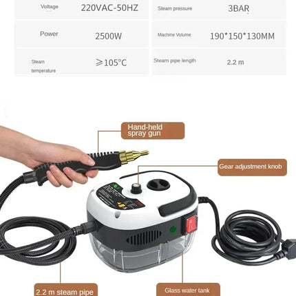 2500 W Steam Cleaner Handheld High Temperature Sterilization Pressure Jet Washing Machine for Home Car Kitchen Air Conditioner