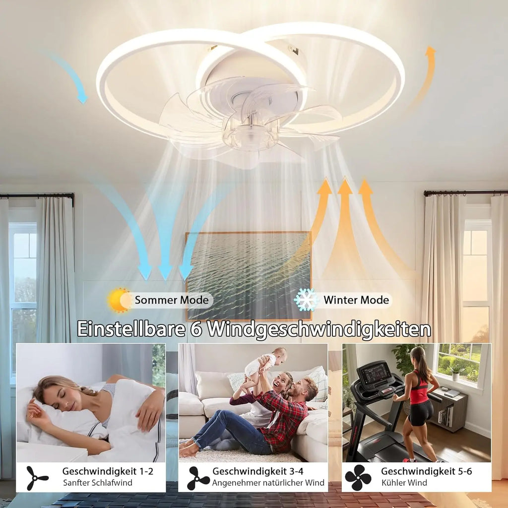 Ventilatore da soffitto a LED con luce bianca 36W, silenzioso, telecomando, 3 temperature di colore, 6 velocità