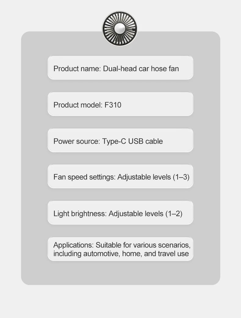 Ventilatore di raffreddamento per sedile auto EAFC a 3 velocità, ricarica USB, doppia testa, illuminazione LED, rotazione a 360 gradi, raffreddatore per il collo, per uso domestico e viaggi