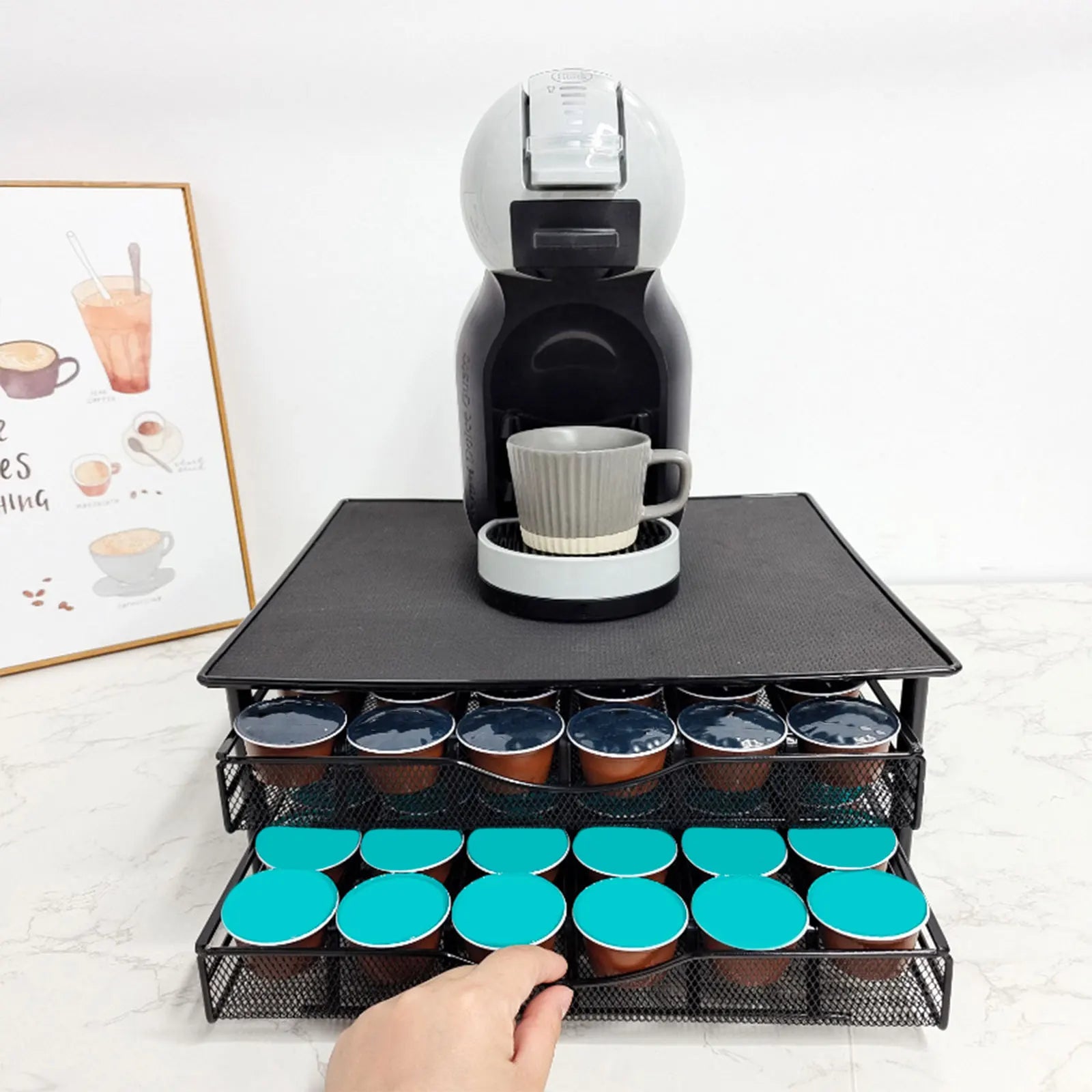Herausnehmbarer Kaffeekapselhalter mit Schublade für 72 Kapseln, Arbeitsplatten-Organizer aus Metall