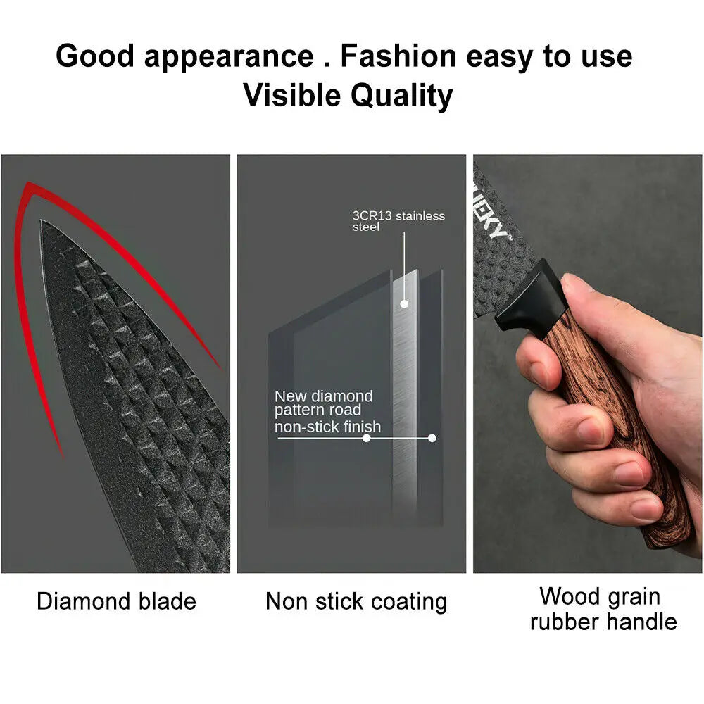 Set di 6 Coltelli da Cucina ZENG con Lame Affilate Antiaderenti, Manico Ergonomico in Legno, Set Completo per Cucinare e Tagliare