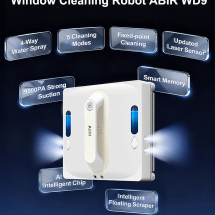 ABIR WD9 Window Cleaning Robot, 4-Way Water Spray, Floating Scraper Technology, Laser Sensor, 9000PA Vacuum Suction, Intelligent Memory