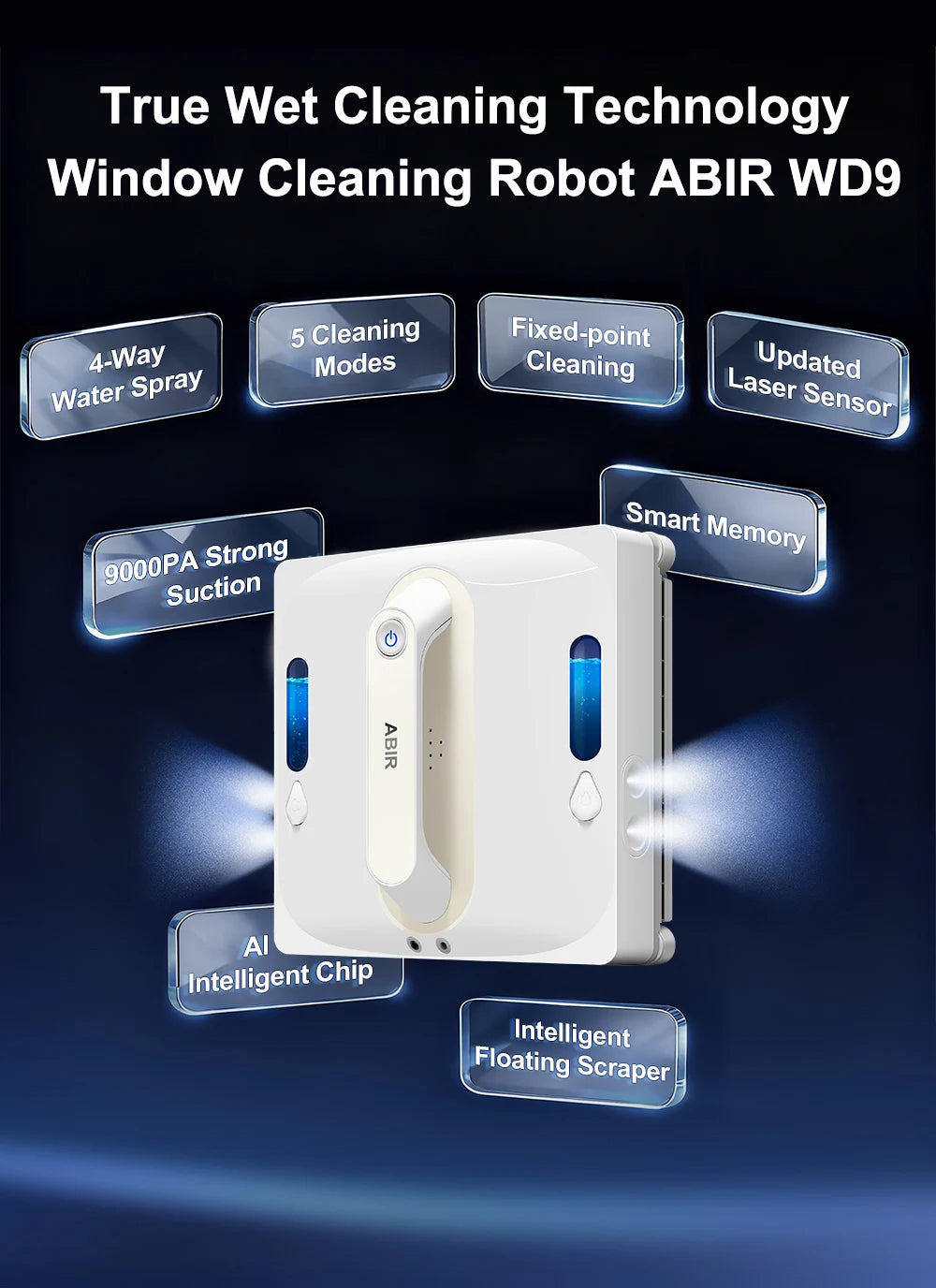 ABIR WD9 Fensterputzroboter, 4-Wege-Wassersprühfunktion, schwimmende Schaber-Technologie, Lasersensor, 9000PA Saugkraft, intelligente Speicherfunktion