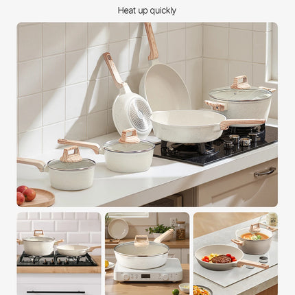 VEVOR Set di Pentole Antiaderenti in Granito con Manico, Set di Pentole a Induzione da Cucina per Camper, con Padella, Coperchi in Vetro Temperato, Bianco, 17 Pezzi