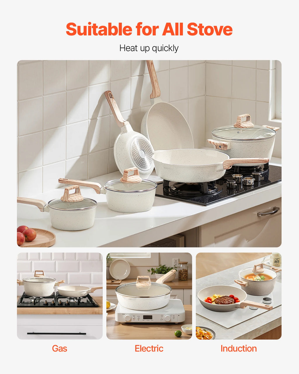 VEVOR Set di Pentole, Padelle Antiaderenti in Granito con Manico, Set di Pentole a Induzione da Cucina per Camper, con Frittura, Coperchi in Vetro Temperato, Bianco, 17 Pezzi