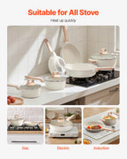 VEVOR Set di Pentole, Padelle Antiaderenti in Granito con Manico, Set di Pentole a Induzione da Cucina per Camper, con Frittura, Coperchi in Vetro Temperato, Bianco, 17 Pezzi
