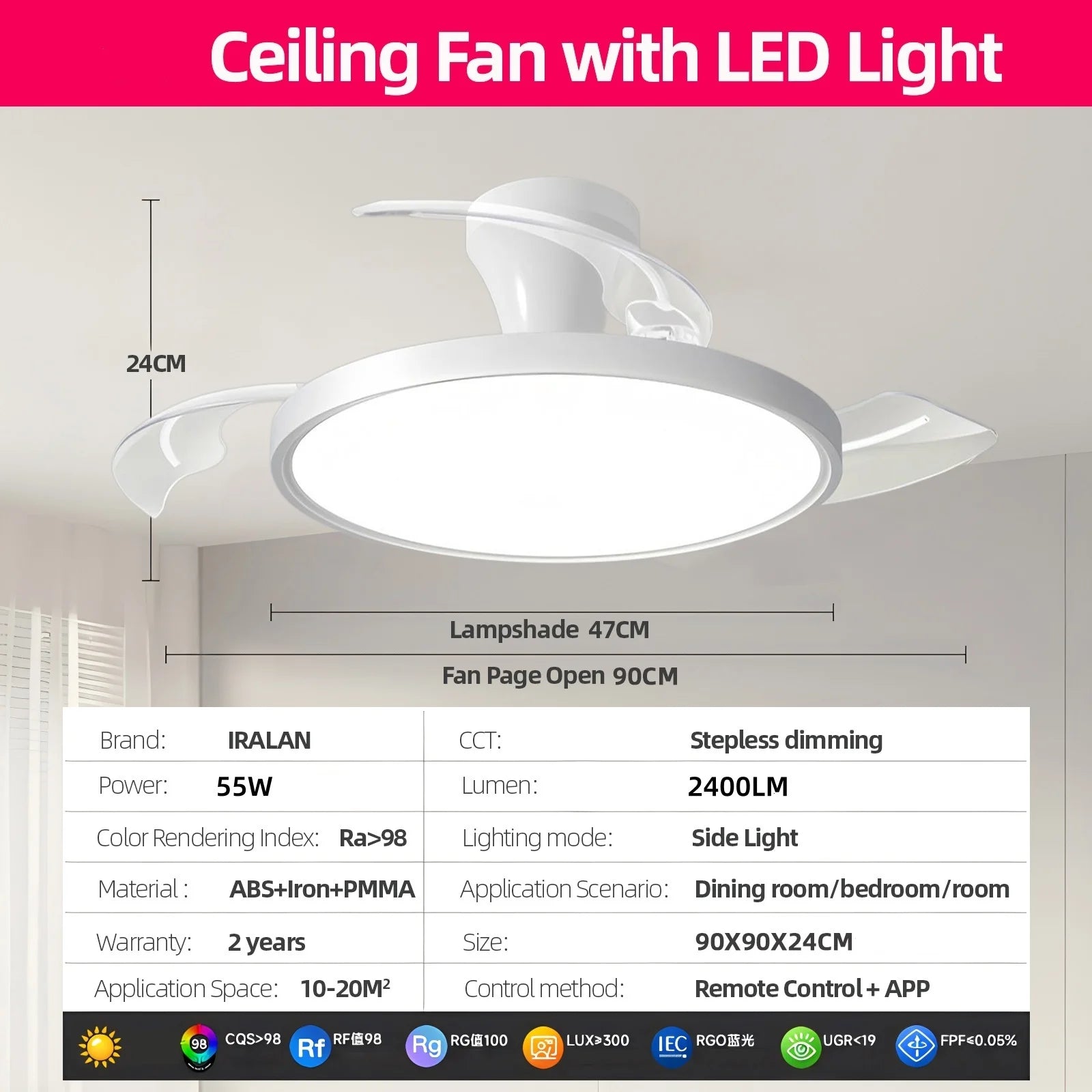 Ventilatore da Soffitto Semplice con Luce, Moderno Ventilatore Elettrico Intelligente con Pale Retrattili, Telecomando e Lampada Dimmerabile