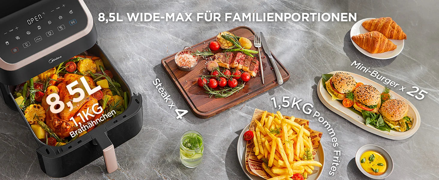 Midea XXL Heißluftfritteuse 8,5 L - 8-in-1, mit Sichtfenster, bis zu 200°C, ölfrei, spülmaschinenfest, Schwarz/Roségold.