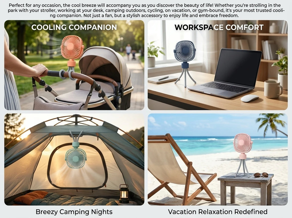 Ventilatore ricaricabile USB con treppiede flessibile, silenzioso e ad alta potenza, portatile per scrivania, passeggini e campeggio