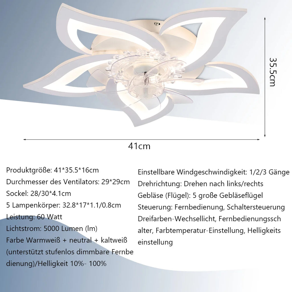 Ventilatore da soffitto da 60 W con illuminazione, design a 5 luci, ventilatore da soffitto silenzioso con illuminazione, dimmerabile, telecomando con velocità del vento regolabile