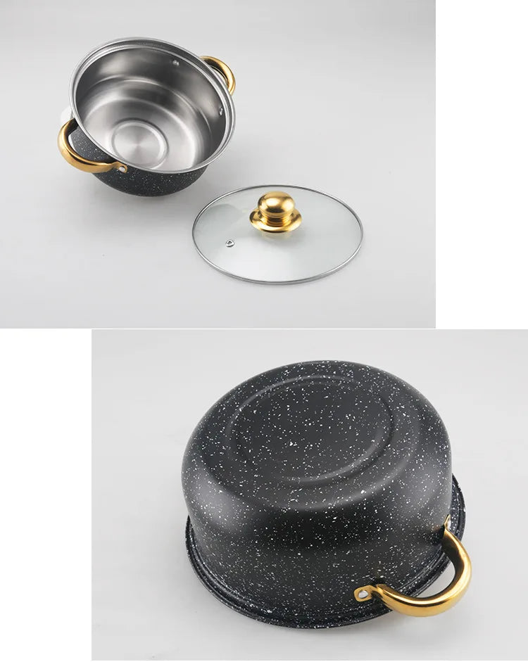 10-teiliges Kochgeschirrset mit weißen Punkten, Suppentöpfe aus Edelstahl mit goldenem Griff und Glasdeckel, langlebiges Kochtopfset für Zuhause