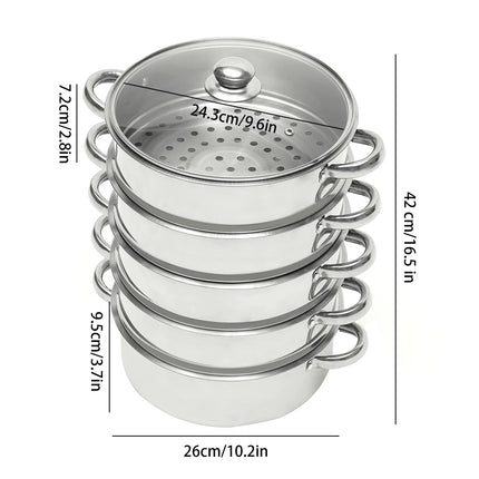 5-Tier 26cm Stainless Steel Steamer Pot, Durable Steaming Cooker with Glass Lid