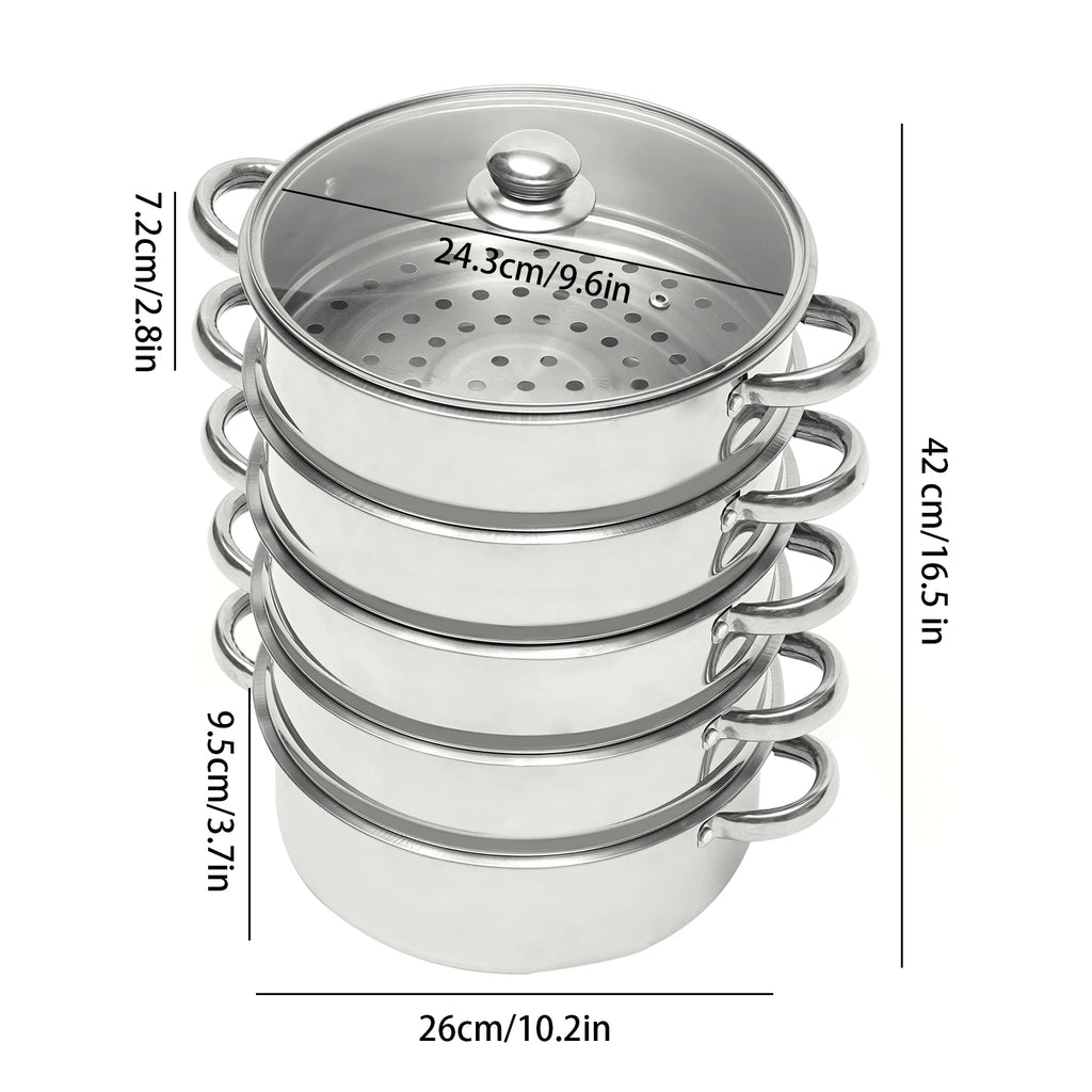 26 cm 5-stöckiger Edelstahl-Dampfgarer, langlebiger Dampftopf mit Glasdeckel