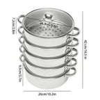 26 cm 5-stöckiger Edelstahl-Dampfgarer, langlebiger Dampftopf mit Glasdeckel