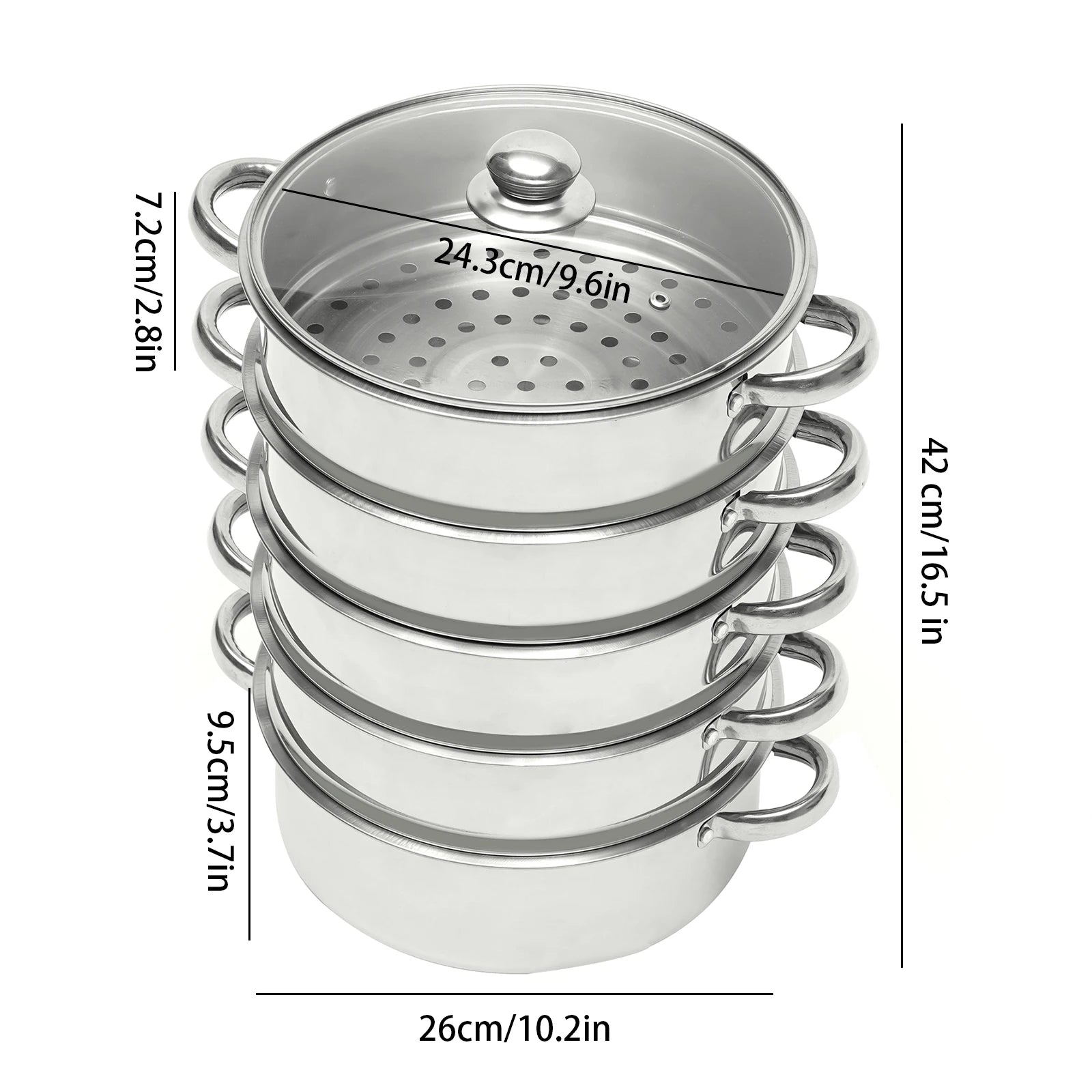 26 cm 5-stöckiger Edelstahl-Dampfgarer, langlebiger Dampftopf mit Glasdeckel