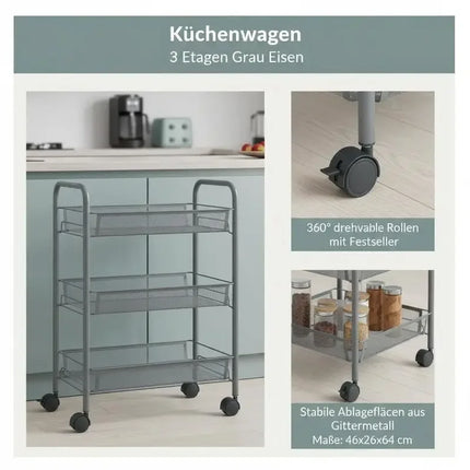 Grey 3-Tier Kitchen Trolley, 46x26x64 Cm, Iron Material, Sturdy and Thick Structure, Layered Organization, Flexible Universal Wheels, Rustproof and Wear-Resistant, Easy Installation, Organizer