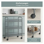 Carrello da Cucina a 3 Ripiani Grigio, 46x26x64 Cm, Materiale in Ferro, Struttura Robusta e Spessa, Organizzazione a Strati, Ruote Universali Flessibili, Antiruggine e Resistente all'Usura, Facile Installazione, Organizzatore
