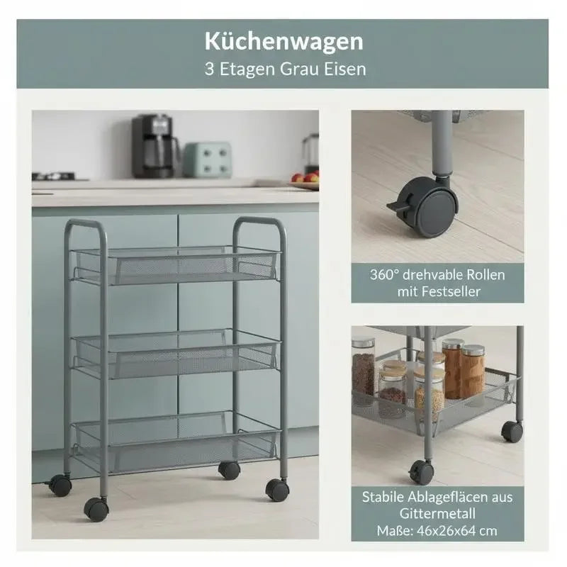 Carrello da Cucina a 3 Ripiani Grigio, 46x26x64 Cm, Materiale in Ferro, Struttura Robusta e Spessa, Organizzazione a Strati, Ruote Universali Flessibili, Antiruggine e Resistente all'Usura, Facile Installazione, Organizzatore