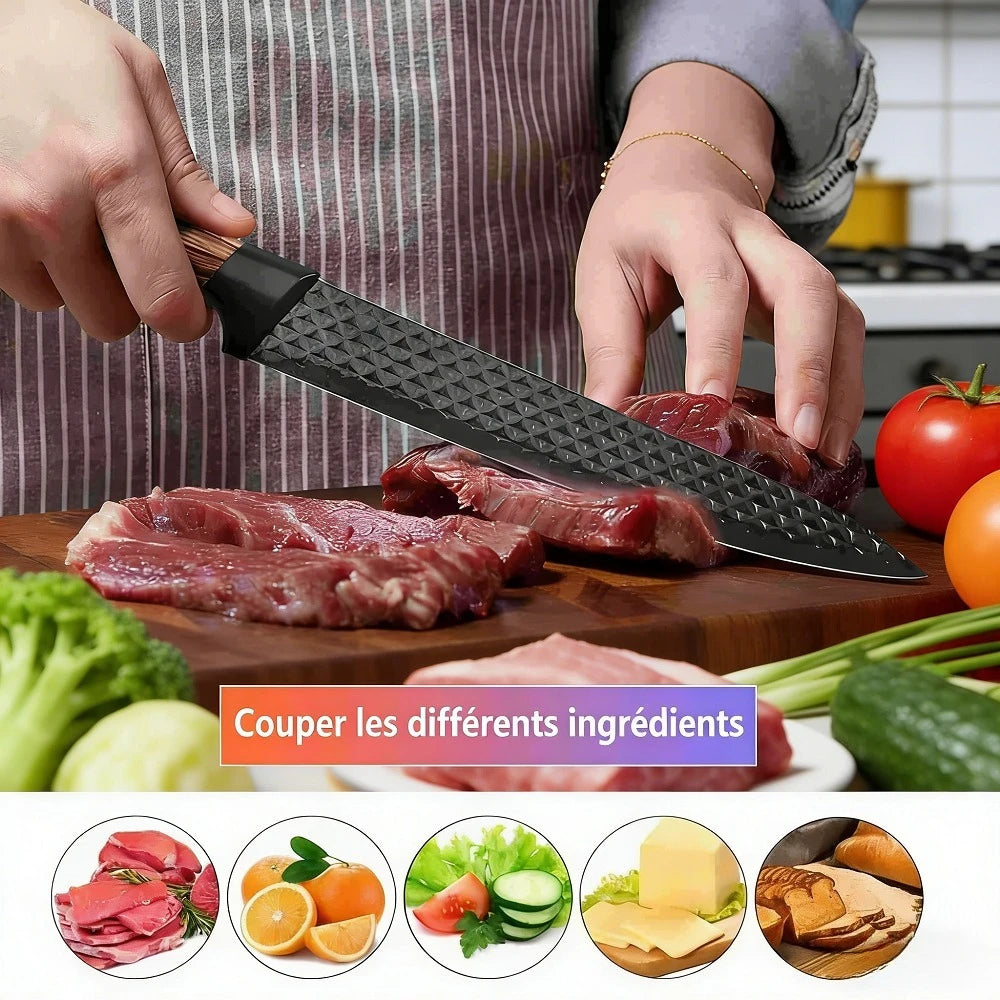 ZENG 6er-Set Küchenmesser mit scharfen Antihaftklingen, ergonomischem Holzgriff, Komplettset zum Kochen und Schneiden