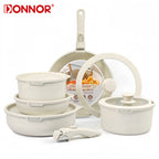 DONNOR 5-teiliges/17-teiliges Antihaft-Pfannenset, ungiftige Pfanne mit abnehmbarem Griff, Aluminium-Druckguss-Milchkasserollen-Set