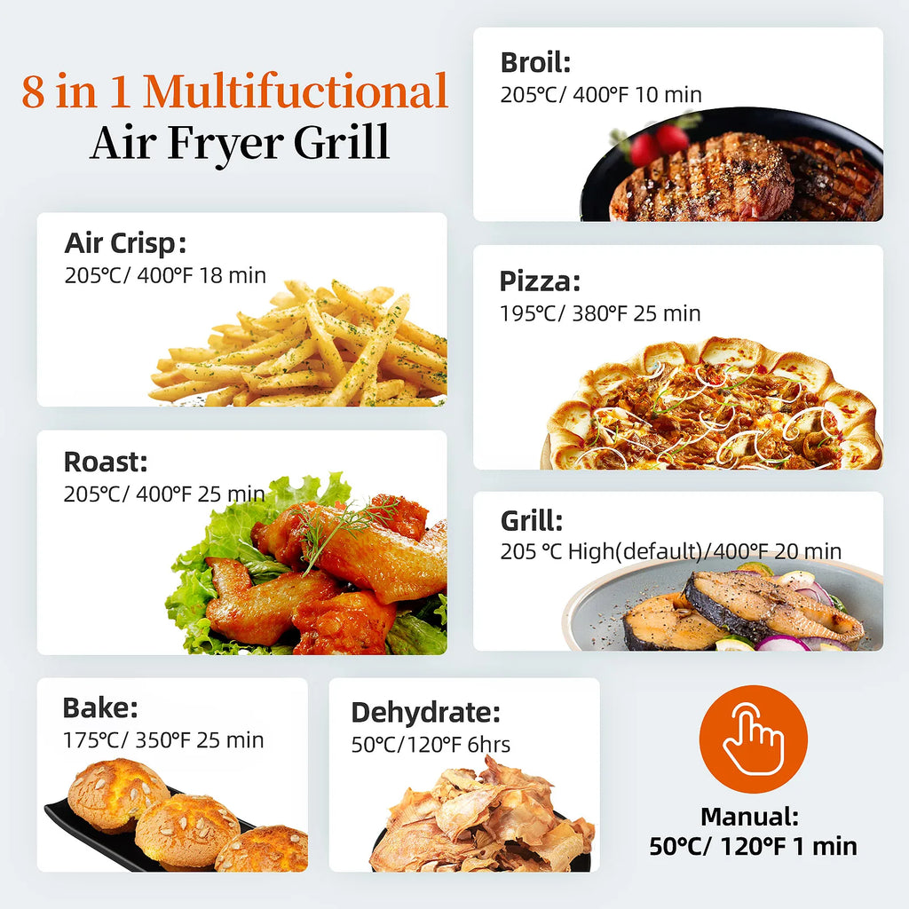 Friggitrice ad aria calda 8 in 1, 6 litri, 1700 W, nera, acciaio inossidabile