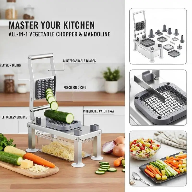Gemüseschneider, Mandoline, All-in-One Gemüseschneider mit 8 Edelstahlklingen, Käsereibe, Zwiebel- und Kartoffelschneider mit Behälter, Küchenhelfer und Geräte zum Essen