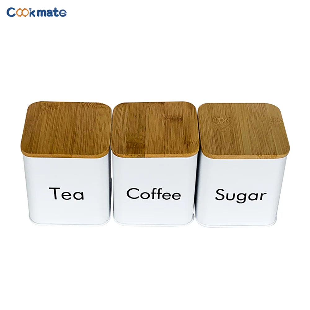 Set di Contenitori Ermetici in Metallo per Caffè, Tè e Zucchero con Coperchi in Bambù, 3 Barattoli per Piano di Lavoro