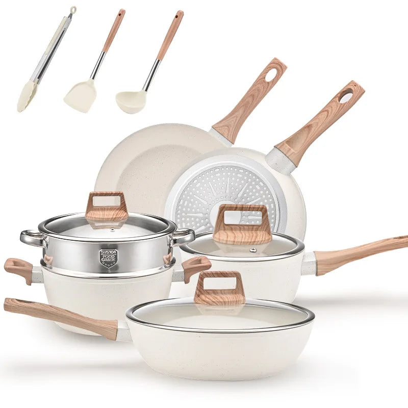 Set di Pentole da Cucina Essenziali, 12 Pezzi, Antiaderenti con Rivestimento in Granito e Compatibilità Universale con Sensori a Gas