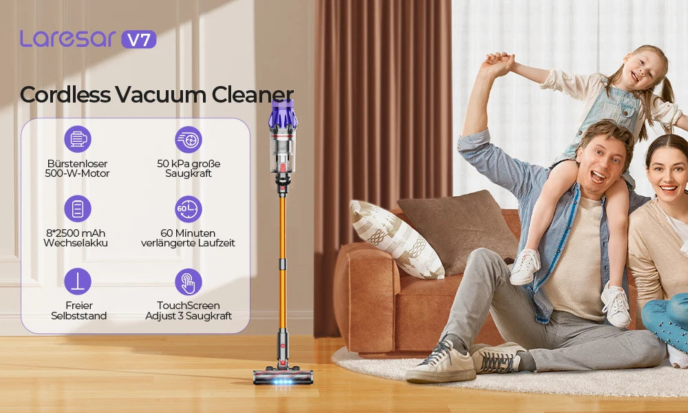 Laresar V7 500W 50000Pa Akku-Staubsauger Handheld Smart Home Appliance Abnehmbarer Akku Staubbehälter