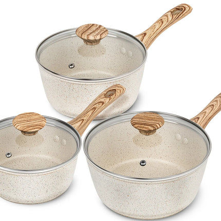 MICHELANGELO Set 3 pezzi padella antiaderente con rivestimento in granito e manico anti-scottatura, compatibile con fornelli a induzione, pentola per zuppe, utensili da cucina
