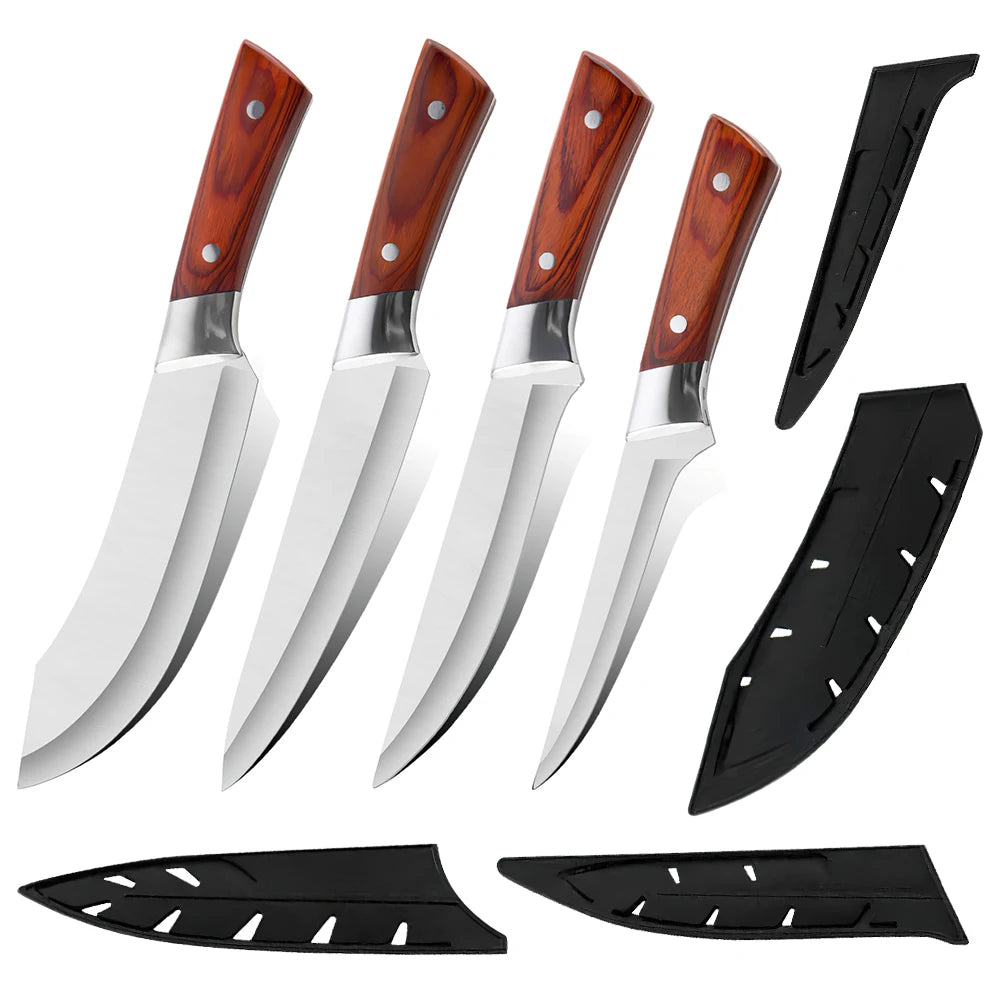 ZENG 4-teiliges Edelstahl-Fleischermesser-Set mit rotem Kunstholzgriff und Lederscheiden für die Küche
