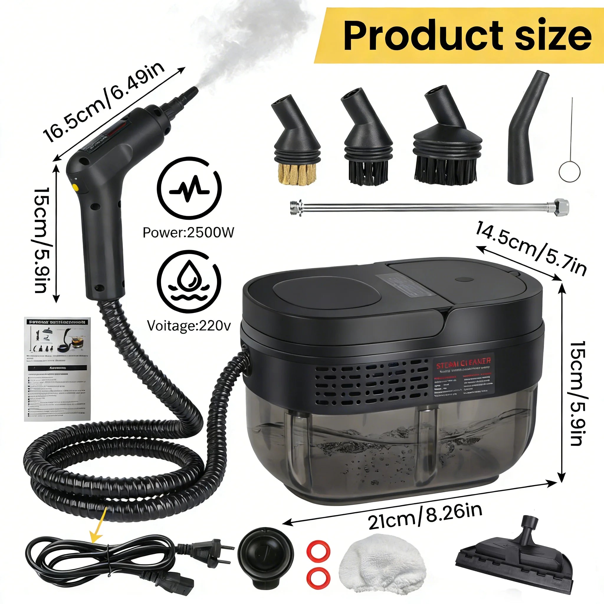 Tragbarer Hochdruck-Dampfreiniger 2500W, 3 einstellbare Dampfstufen 105℃ Handdampfreiniger mit viel Zubehör, 1600ML Tank für die Tiefenreinigung von Küche, Bad, Auto und Fenstern